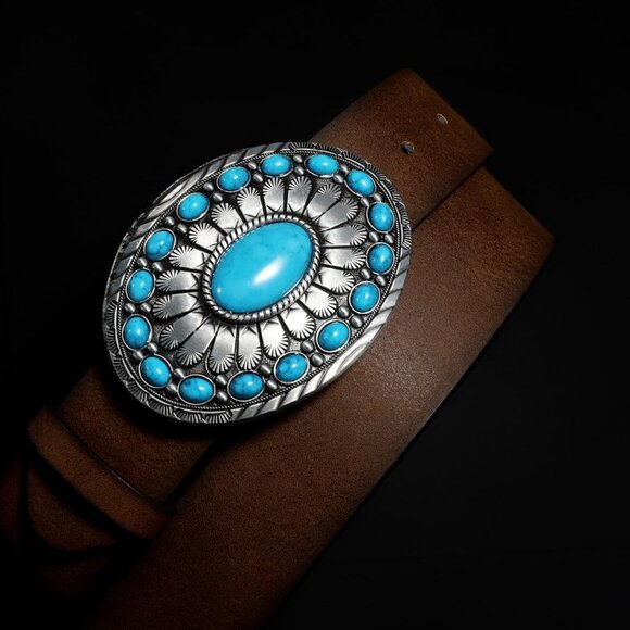 Women Western Leather Vintage Country Belt Concho Coffee With Silver Turquoise - Picture 4 of 4